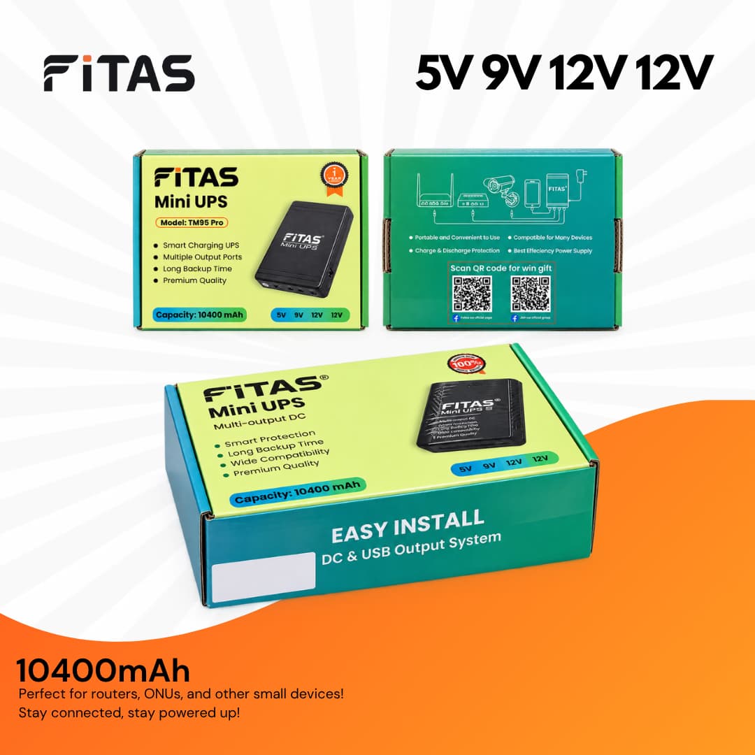 FiTAS TM95 Pro DC Mini UPS 5V 9V 12V 12V With TYPE-C Fast Charging + Adapter