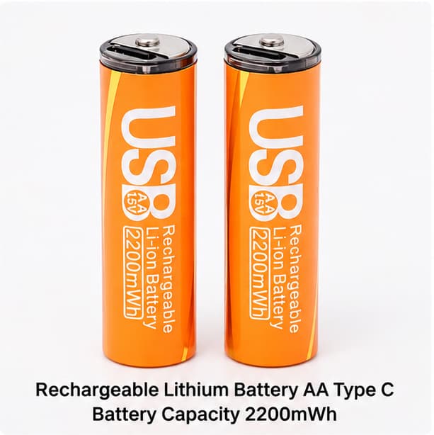 Rechargeable Lithium Battery AA Type C 2200mWh 2 Pcs