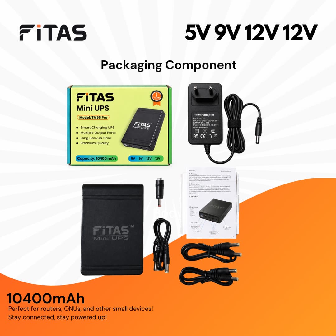 FiTAS TM95 Pro DC Mini UPS 5V 9V 12V 12V With TYPE-C Fast Charging + Adapter
