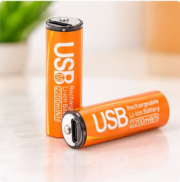 Rechargeable Lithium Battery AA Type C 2200mWh 2 Pcs